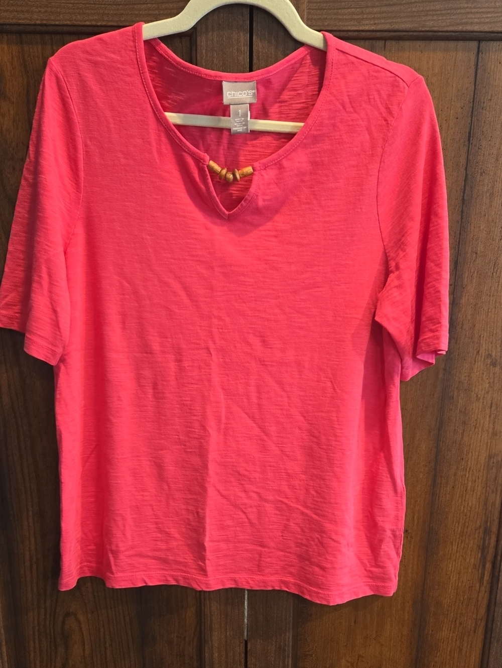 Chico's Hot Pink Short-Sleeve V-Neck Top with Bead Detail